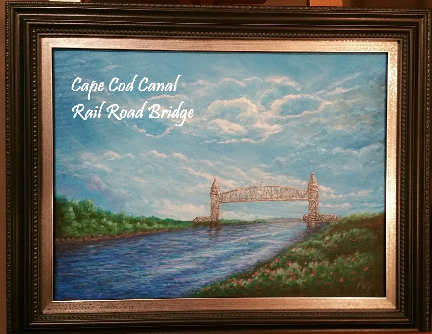 Painting of a landscape featuring a bridge over a river, with grassy banks, trees, a blue sky with clouds.