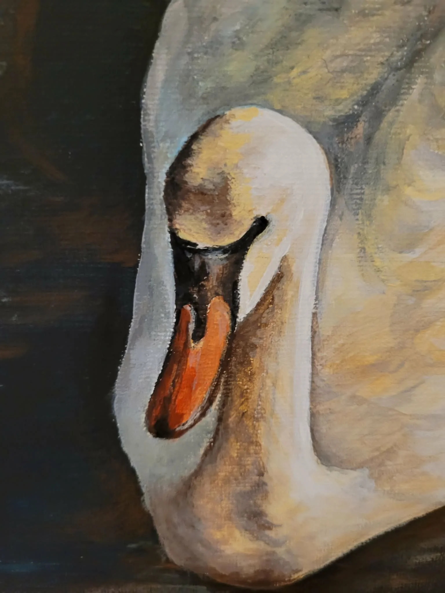 A close-up of a portion of an abstract oil painting featuring shades of black, white, yellow, and brown with visible brushstrokes and texture.