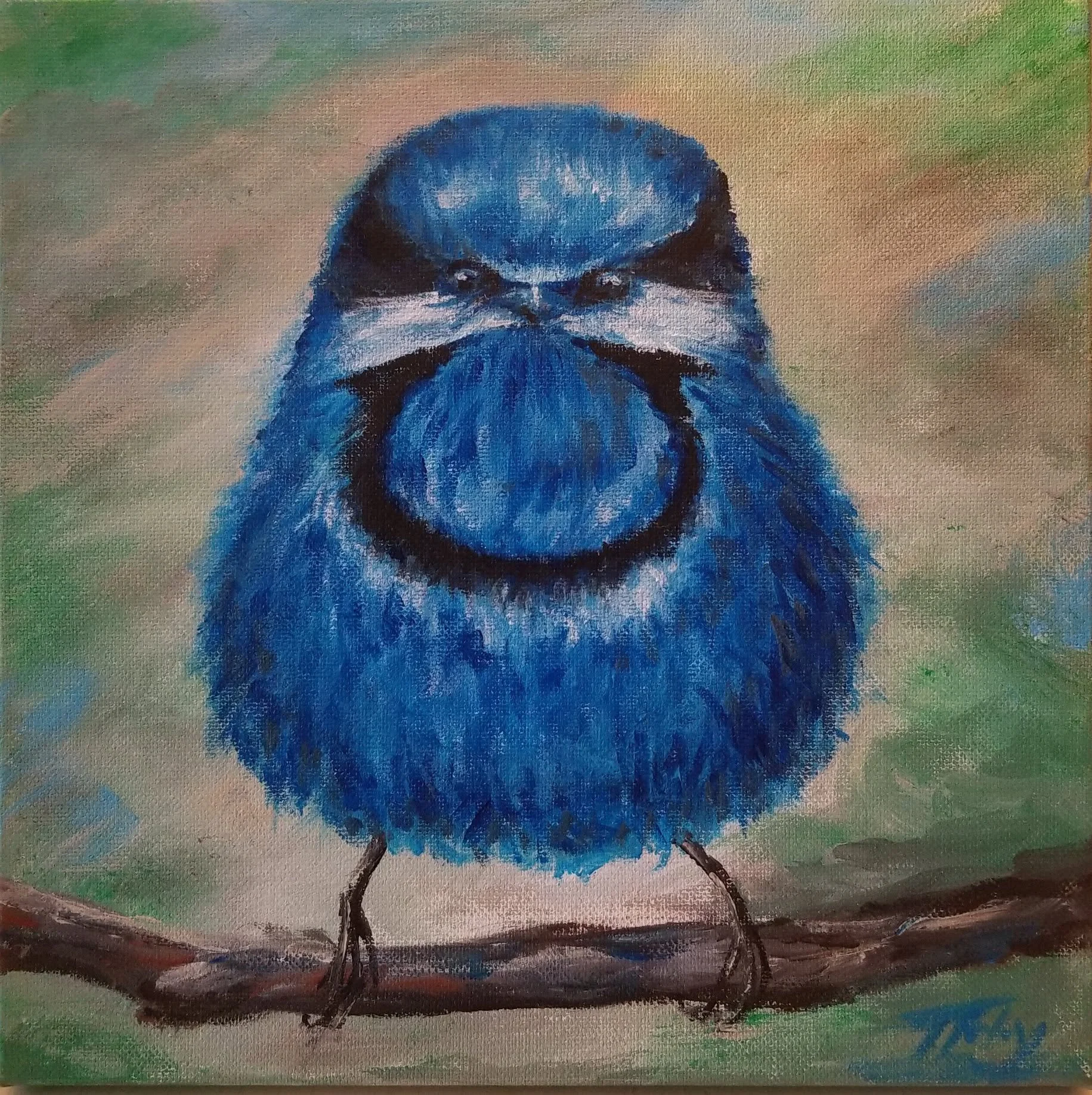 A painting of a bluebird standing on a branch with a background of green and brown foliage.