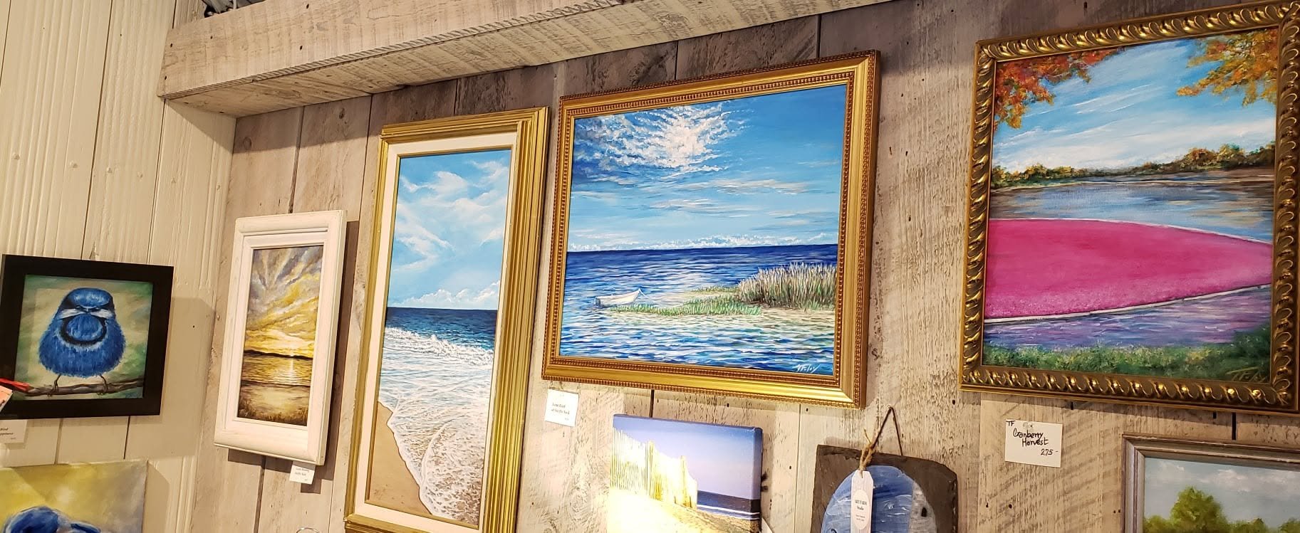 Collection of colorful landscape and seascape paintings hanging on a rustic wooden wall in an art gallery.