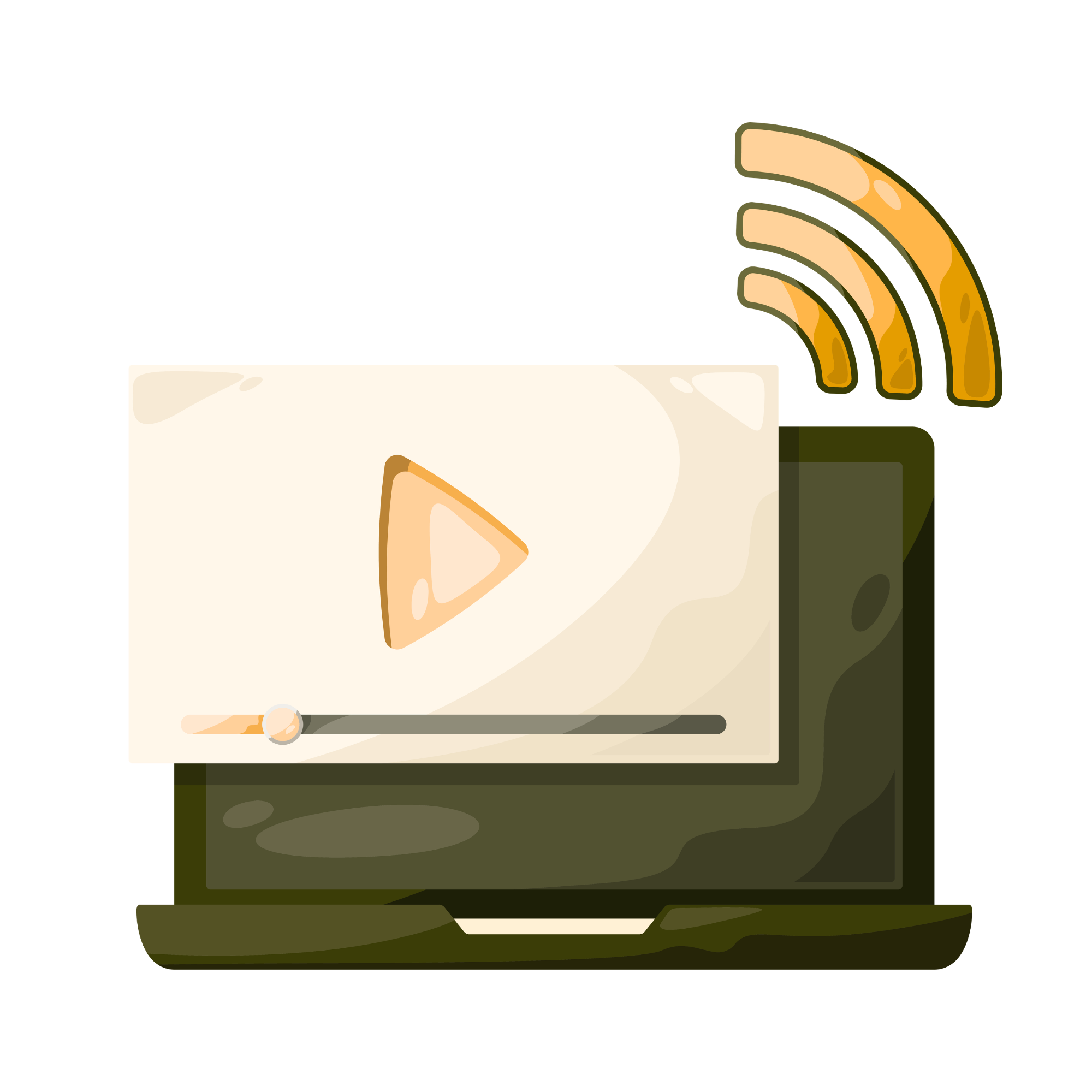 A laptop displaying a graphic of a Wi-Fi signal with orange arcs and a red base, against a black background.