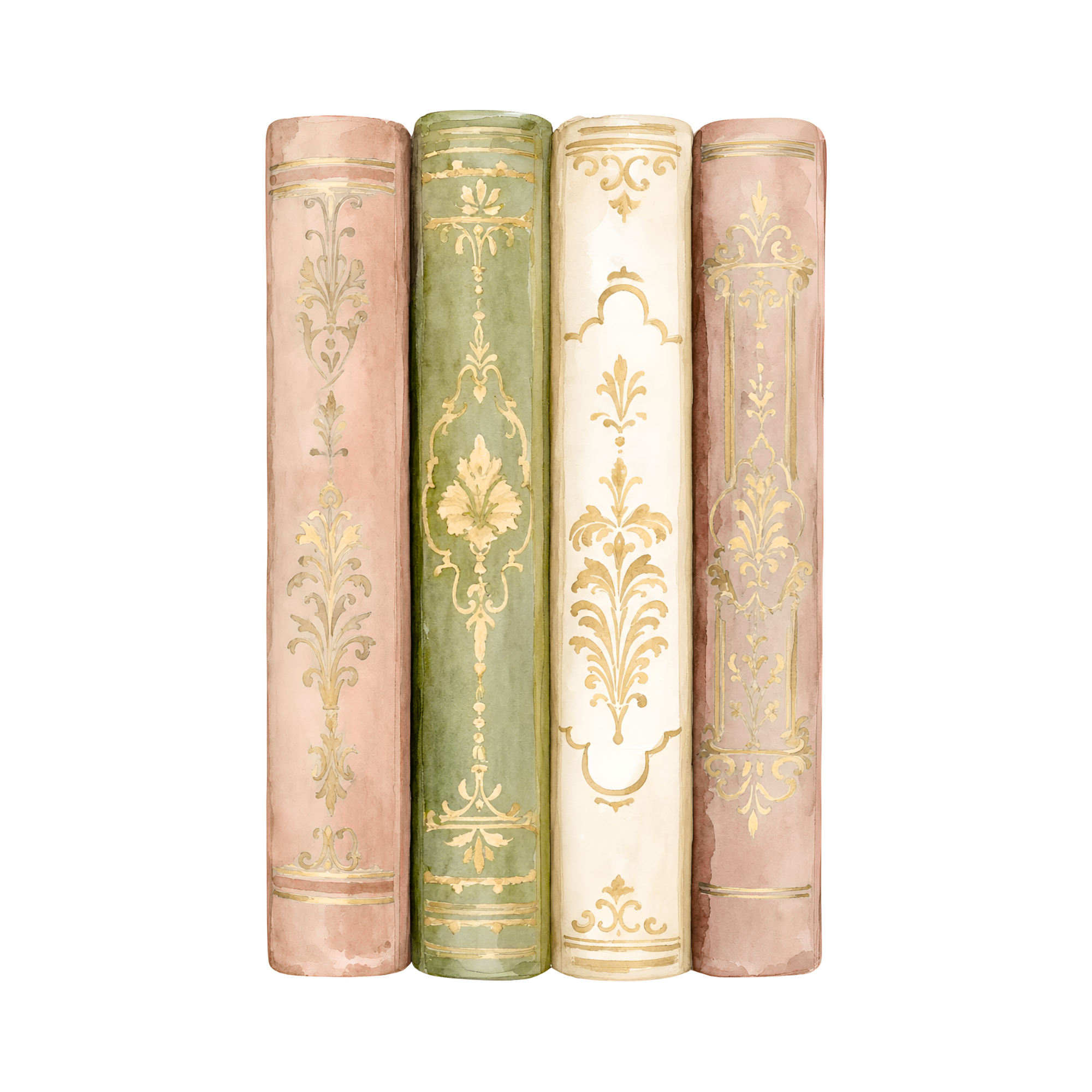 Watercolor painting of four vintage books with ornate gold and pastel-colored covers, lined up vertically.