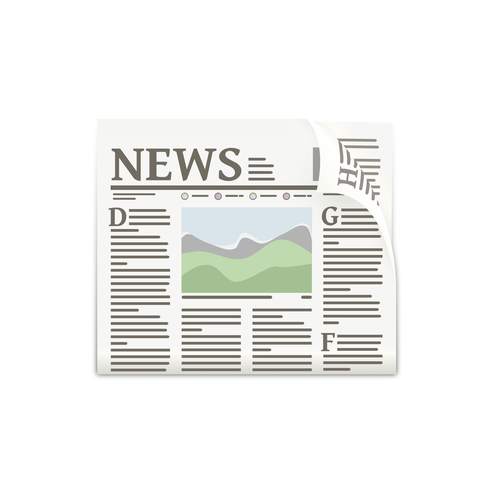A newspaper with the headline 'NEWS' and a mountain landscape illustration on the front page.