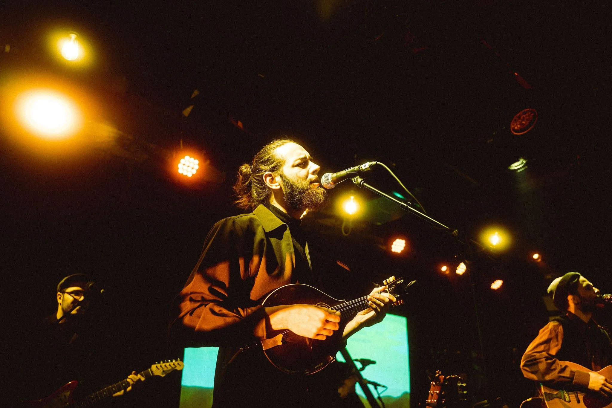 A musician with long hair and a beard playing a mandolin singing into a microphone on stage, illuminated by colorful stage lights.