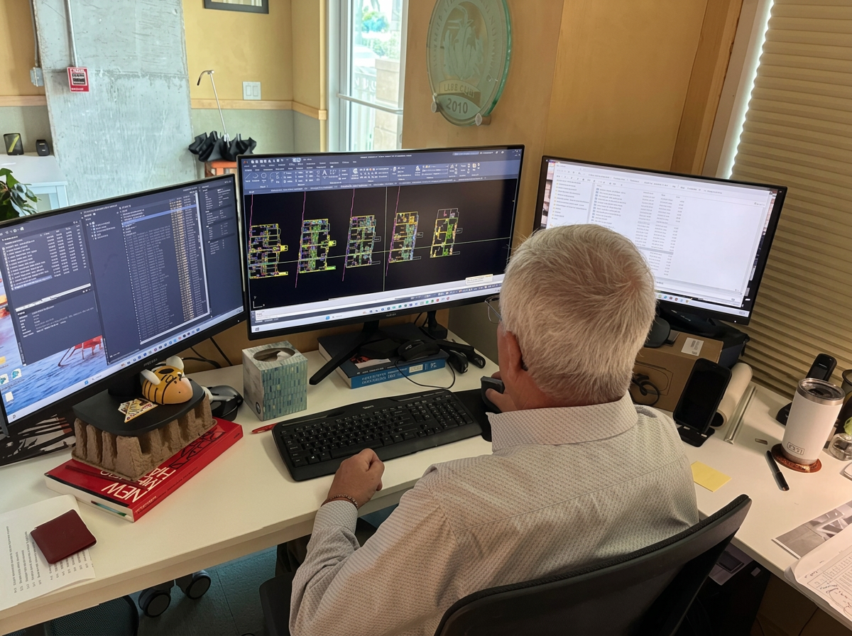 A man working at a desk with three monitors, two showing engineering or CAD drawings and the third displaying a file directory, in a home or office setting.