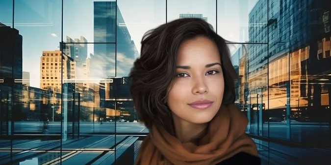 Close-up of a confident woman with shoulder-length dark hair, standing in front of a modern glass building reflecting a cityscape.