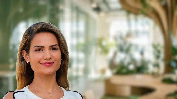 A young woman with brown hair and a slight smile, standing in a modern indoor space with glass and plants in the background.