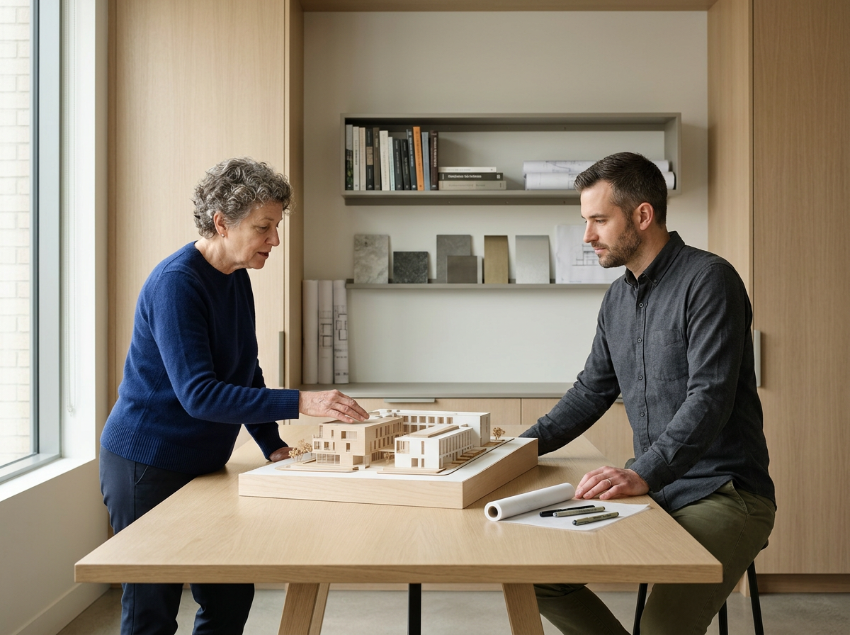 An older woman and a young man are discussing a wooden architectural model on a table in a modern office or studio. The woman is touching the model, and the man is sitting with notes and a rolled-up paper in front of him. Behind them are shelves with books and decorative objects.