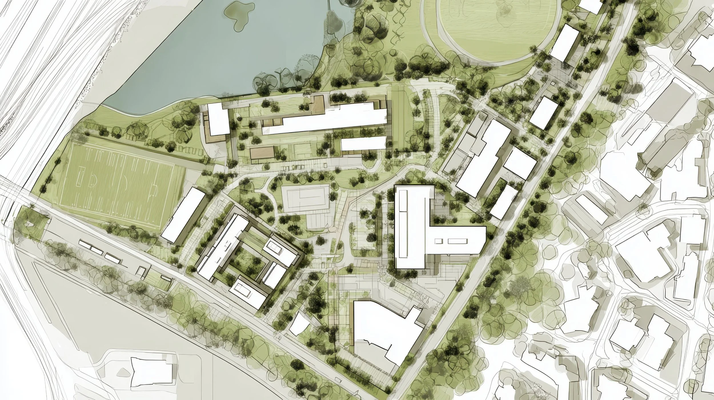 A detailed urban planning map featuring buildings, green spaces, sports field, roads, and trees around a river or water body.