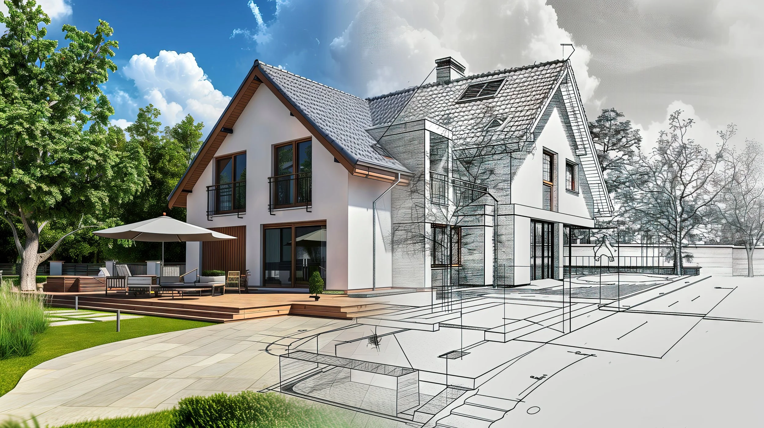 Half of the image shows a modern house with a outdoor patio, trees, and a bright sky, while the other half is a sketch or blueprint of the same house and yard.