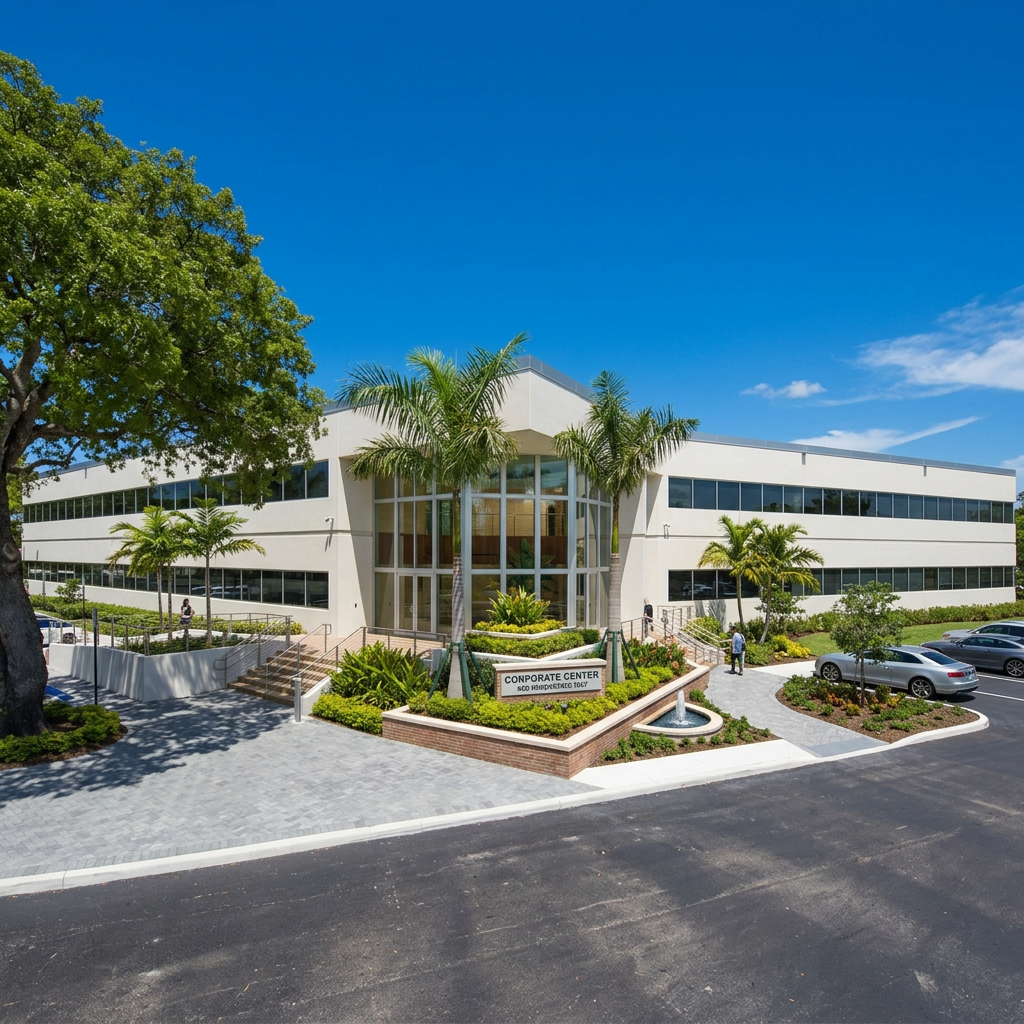 Exterior view of a modern office building with glass entrance, surrounded by landscaped greenery including palm trees, and a parking lot with a few cars under a blue sky.