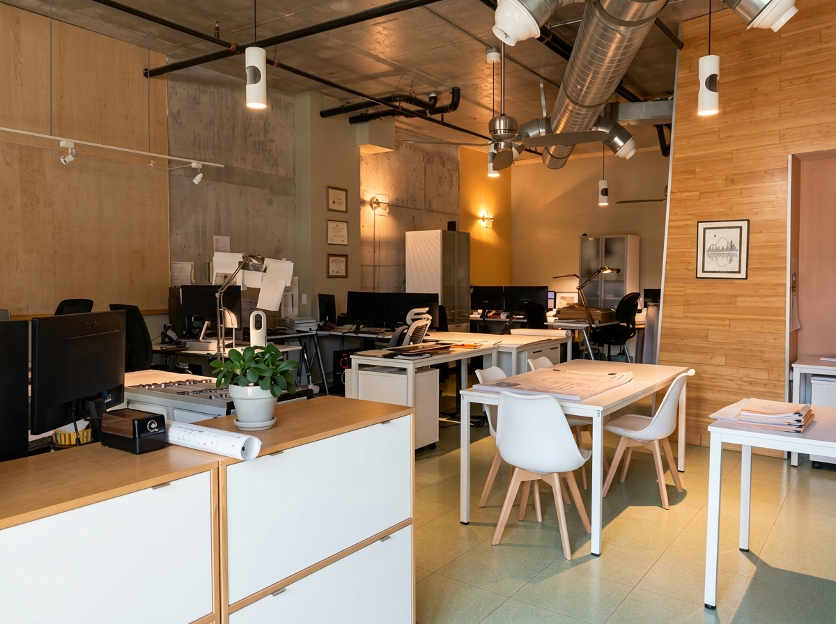 Modern office workspace with multiple desks, chairs, computers, and a potted plant on a wooden cabinet. Exposed ductwork, track lighting, and framed artwork on the walls create an industrial aesthetic.