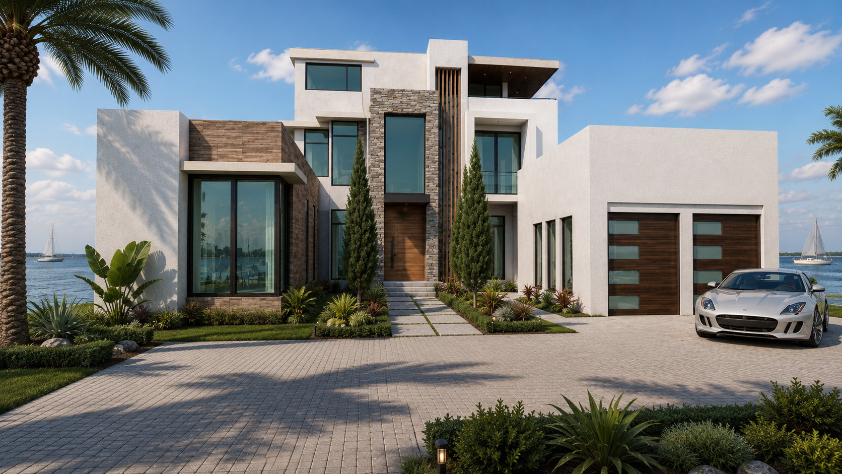 Modern waterfront house with a white exterior, large glass windows, wooden accents, a driveway with a silver sports car, and sailboats on the water in the background.