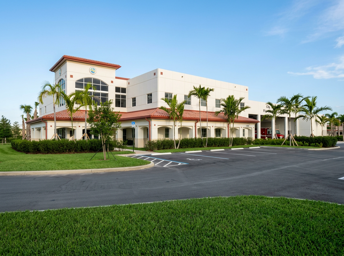 Modern city fire station with palm trees and parking lot.