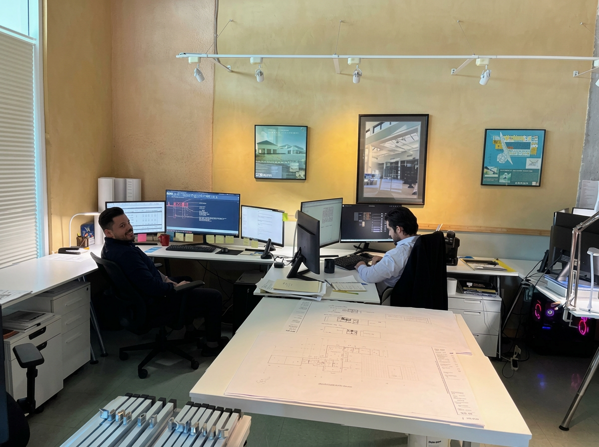 Two men working at desks with multiple monitors, architectural blueprints on the table, and framed pictures on the yellow wall.
