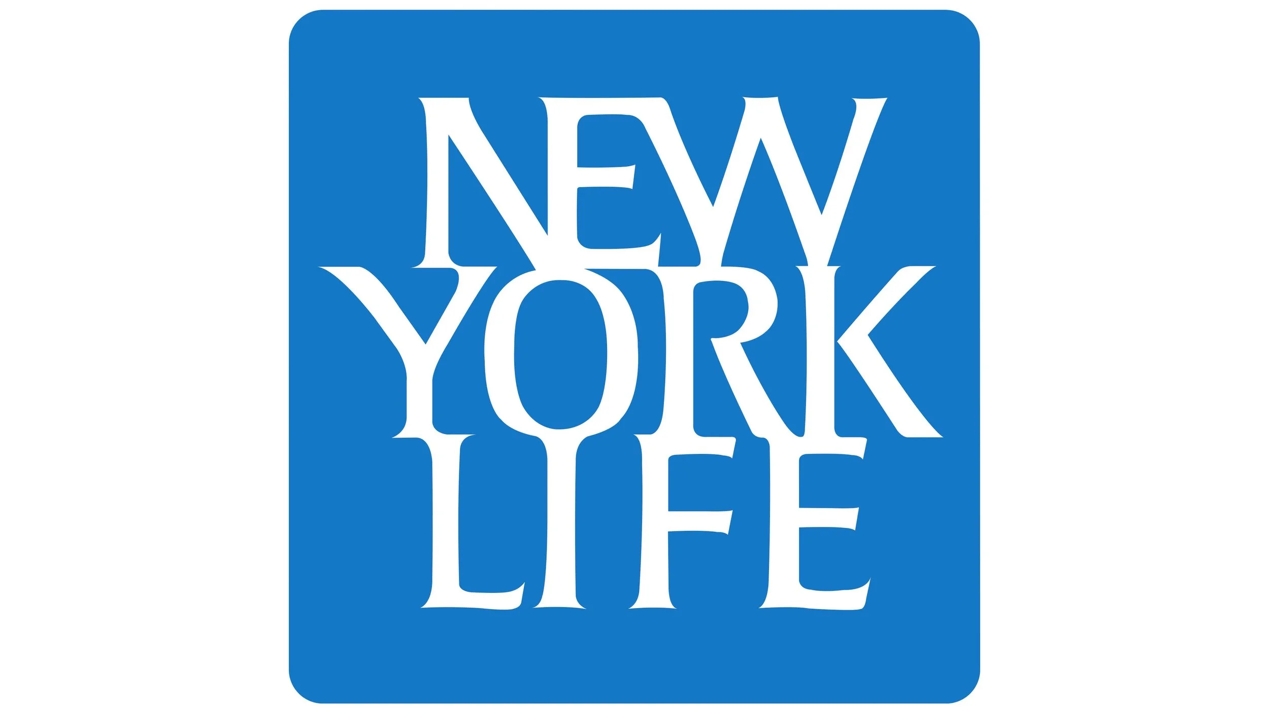 Blue sign with white text that reads, 'NEW YORK LIFE'.