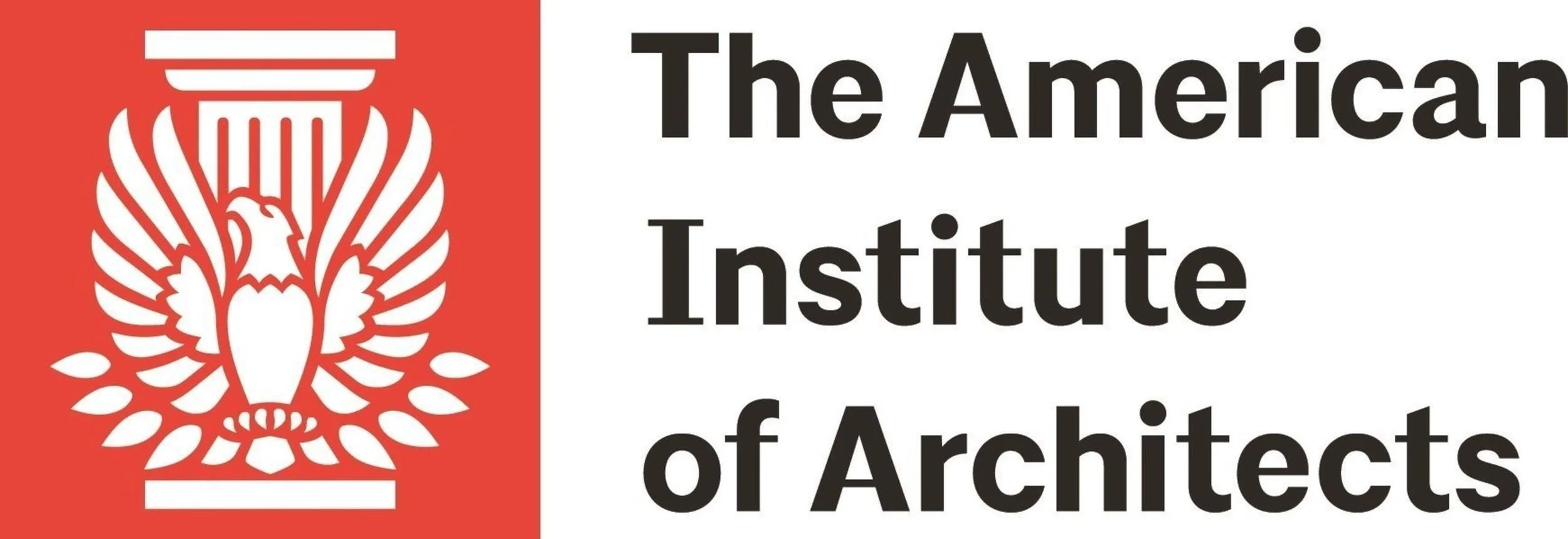 Logo of the American Institute of Architects featuring a white eagle with outstretched wings on a red background alongside black text reading "The American Institute of Architects."