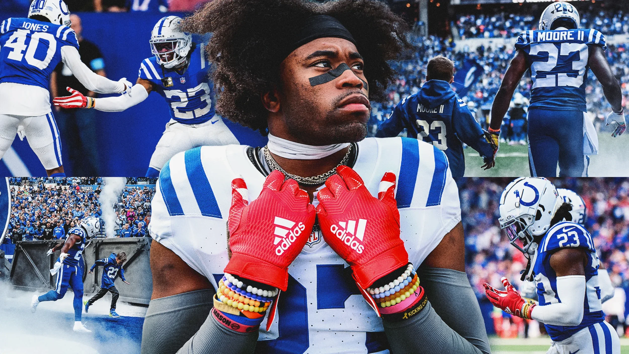 A football player in a blue and white uniform with the number 40 on his back, interacting with a large crowd of fans, and other players in the background at a stadium.