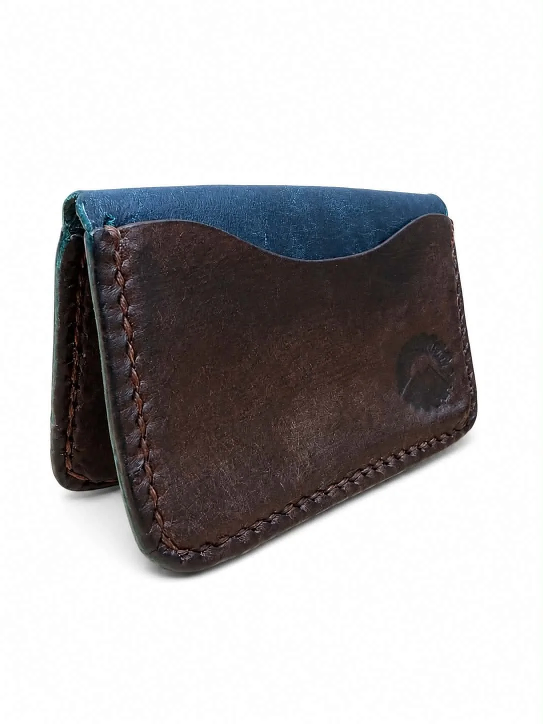 Brown leather wallet with stitching details, partially open revealing a dark blue interior, on a white background.