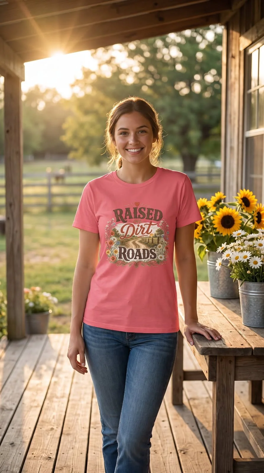 A young woman with brown hair and a bright smile standing on a wooden porch with a tray of sunflowers and daisies, wearing a pink t-shirt that reads 'Raised Dirt Roads,' during sunset.