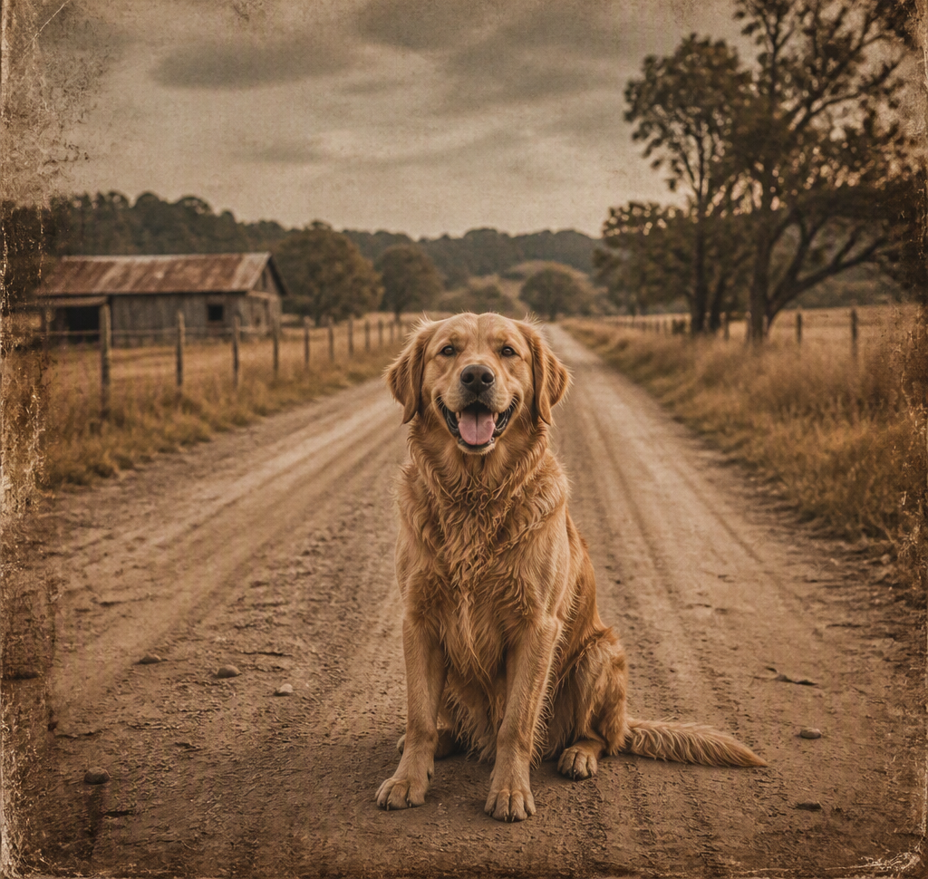 A happy Golden Retriever sits on a dirt country road with a rustic barn and trees in the background.