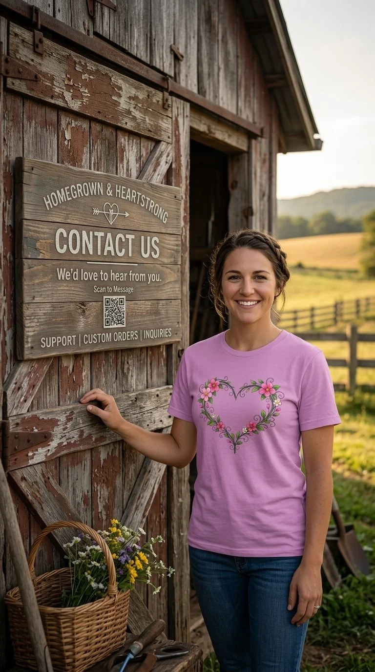 A woman with brown hair in a braid, wearing a pink t-shirt with a floral heart design, standing outside next to a rustic wooden barn. She is smiling and touching a contact information sign that reads, 'Homegrown & Heartstrong Contact Us,' with a QR code and additional text about support, custom orders, and inquiries. There is a basket of wildflowers on a nearby wooden surface, and the background shows a rural landscape with fields and distant hills.