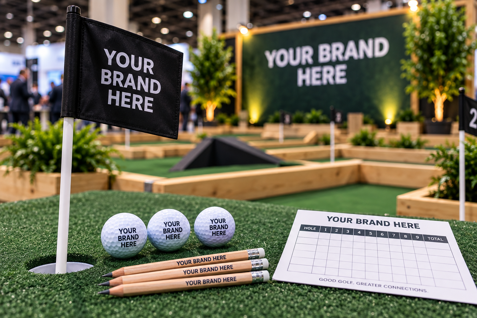 Golf setup with branded golf balls, tees, and scorecard on artificial turf at an indoor golf event with a putting green and large branded backdrop.