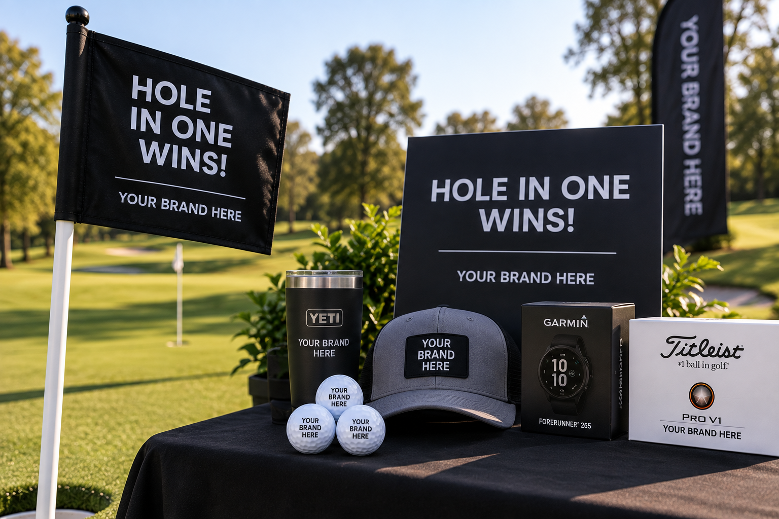 Golf-themed promotional display on a table at a golf course, with signs reading 'Hole in One Wins!' and 'Your Brand Here,' featuring golf accessories such as golf balls, a cap, a tumbler, a Garmin Forerunner watch, and a box of Titleist golf balls, with trees and a clear sky in the background.