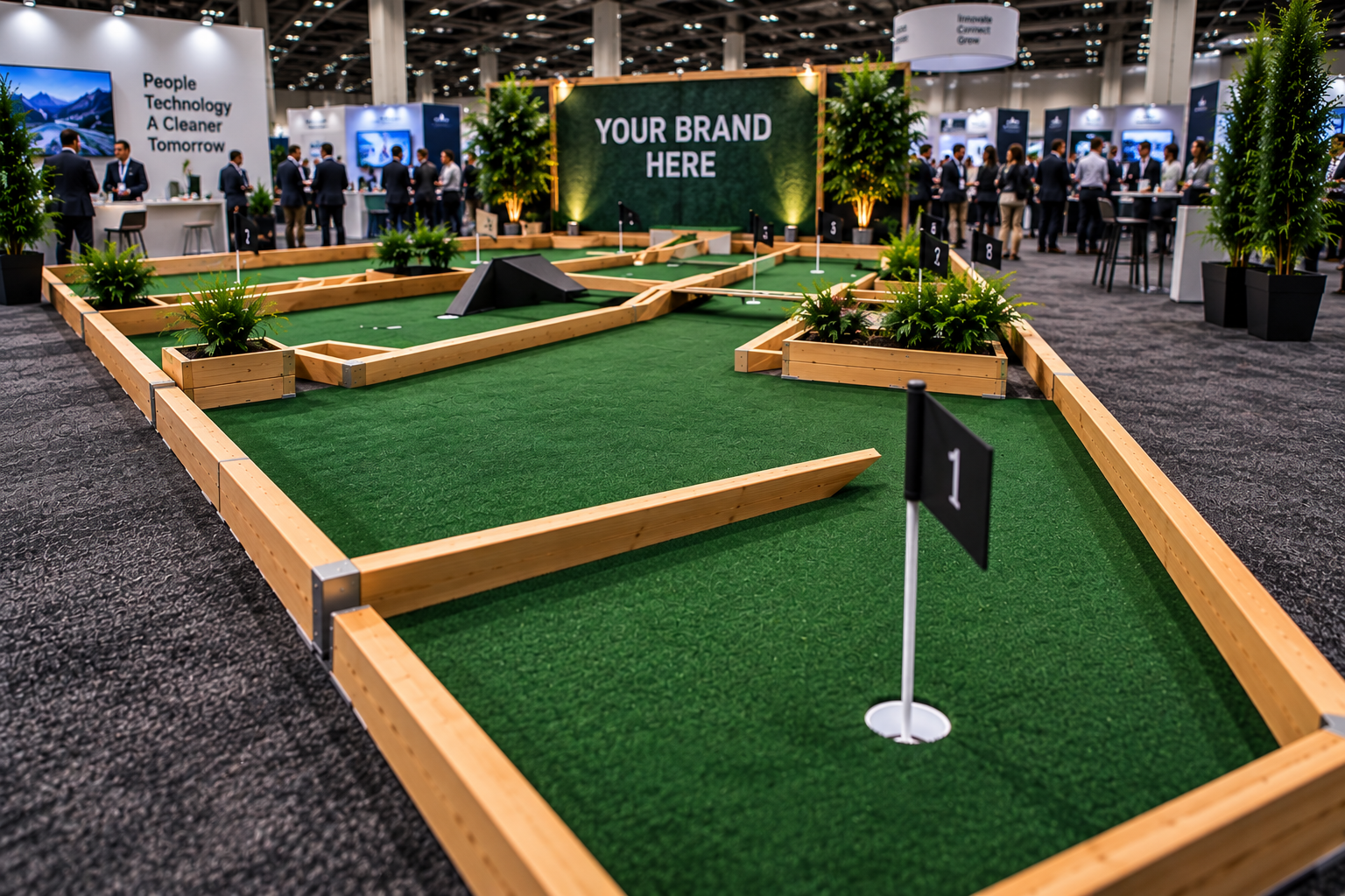 Indoor mini-golf setup with wooden borders, green artificial turf, flag markers with numbers, plants, and a large display screen in the background at a trade show.