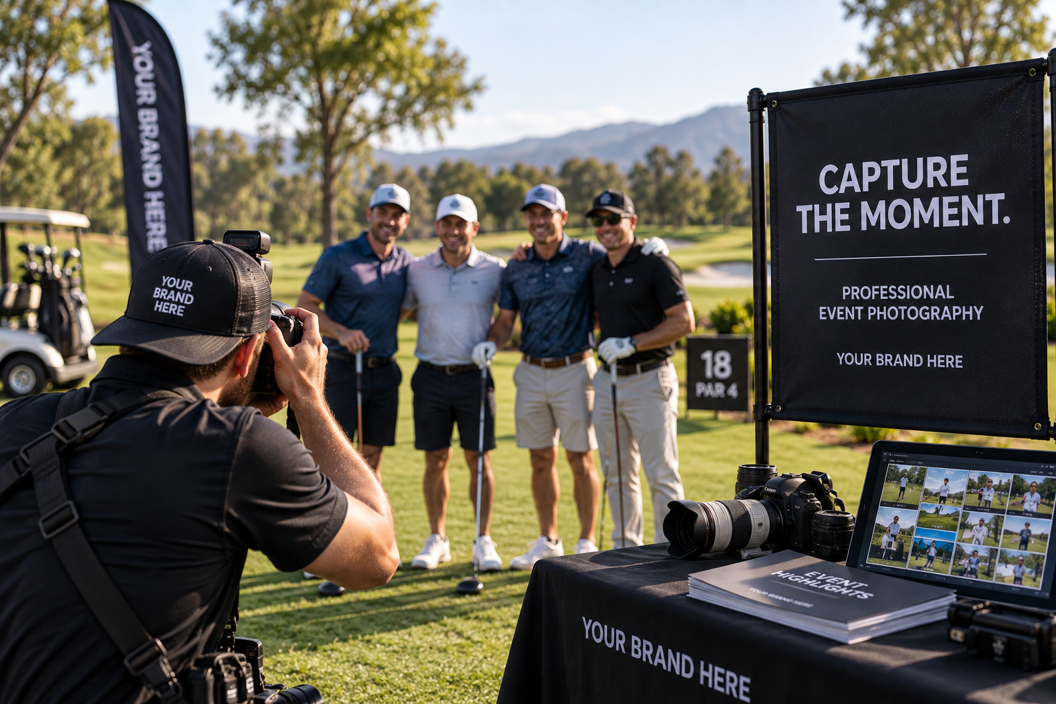 Photographer taking a group photo of four men on a golf course, with photography equipment and signage in the foreground.