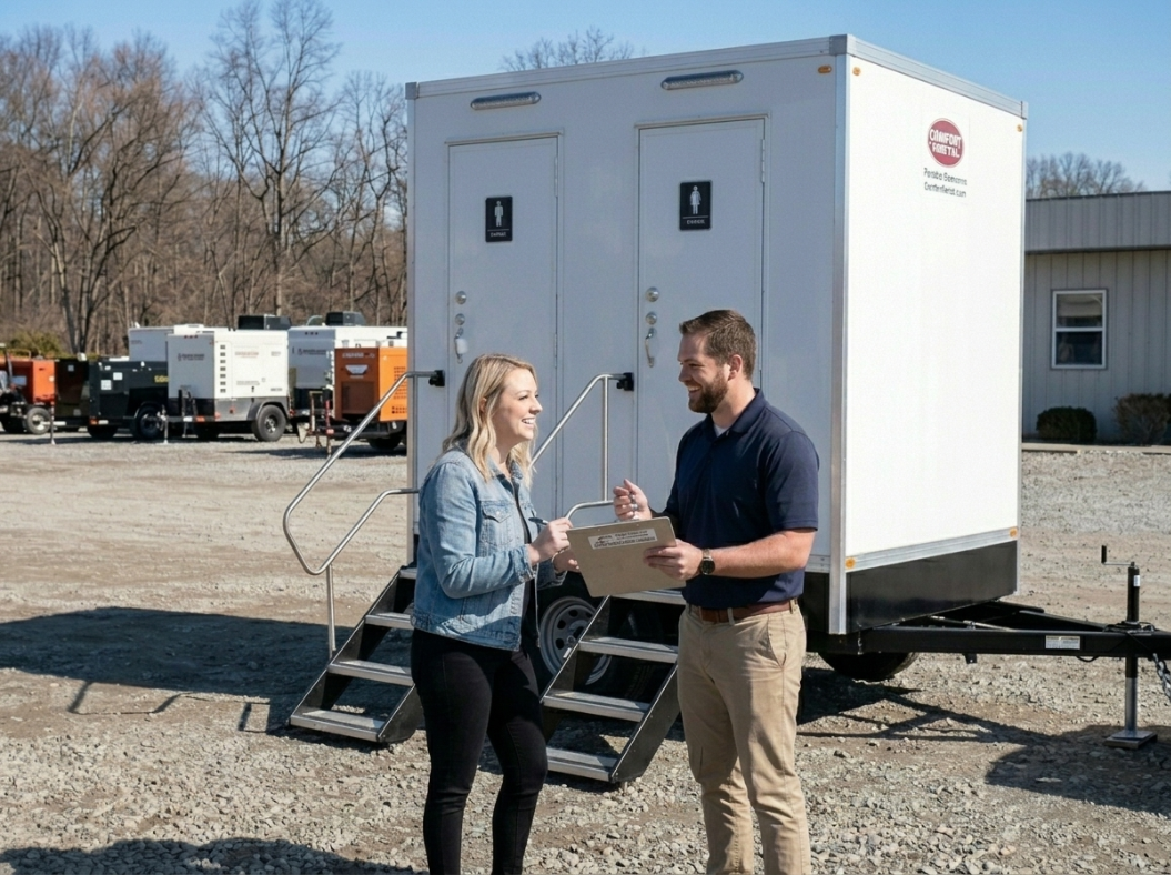 A man and a woman smiling and talking outside next to a portable restroom trailer in a gravel lot with other utility vehicles and trees in the background.
