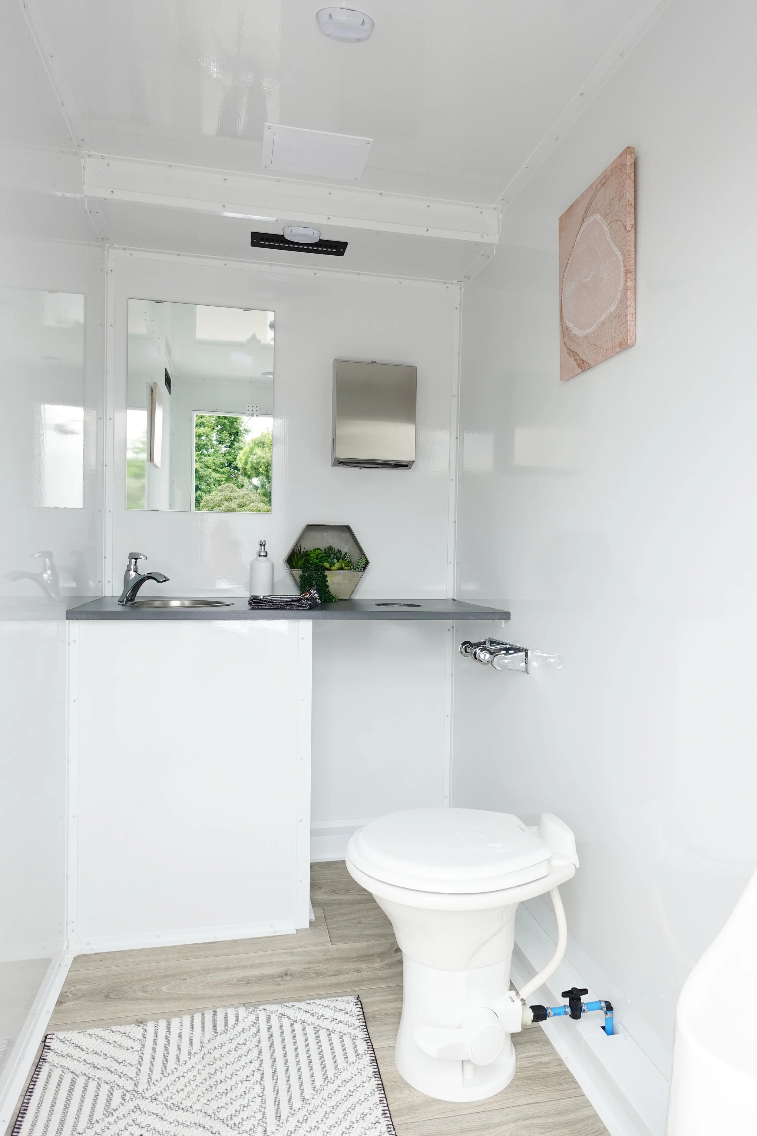A small restroom trailer with a white toilet, a black and silver faucet, a small mirror above a gray countertop, a sketchy patterned rug on wood-like flooring, a small window showing green trees, and a wall-mounted artwork on plain white walls.