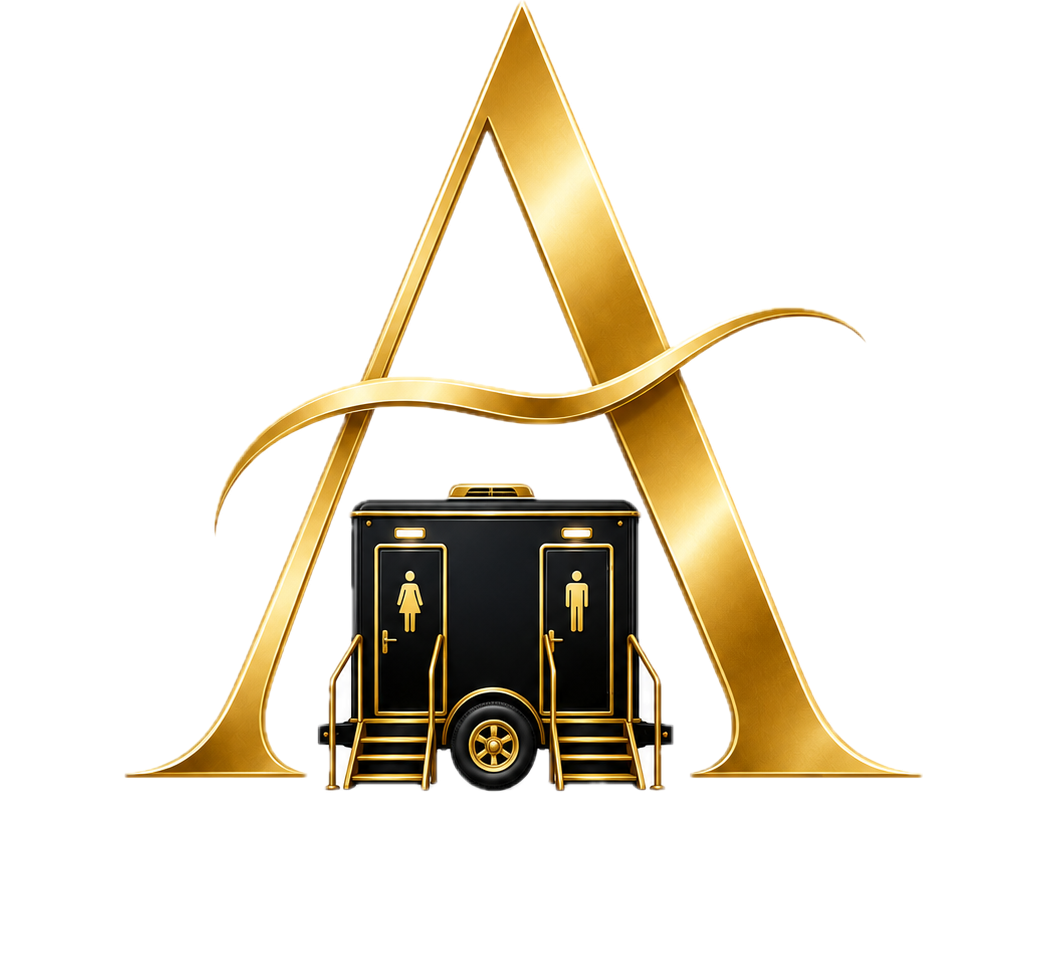 A large gold letter 'A' with a gold ribbon flowing through it, featuring a black portable restroom trailer with gender symbols for male and female underneath the letter.