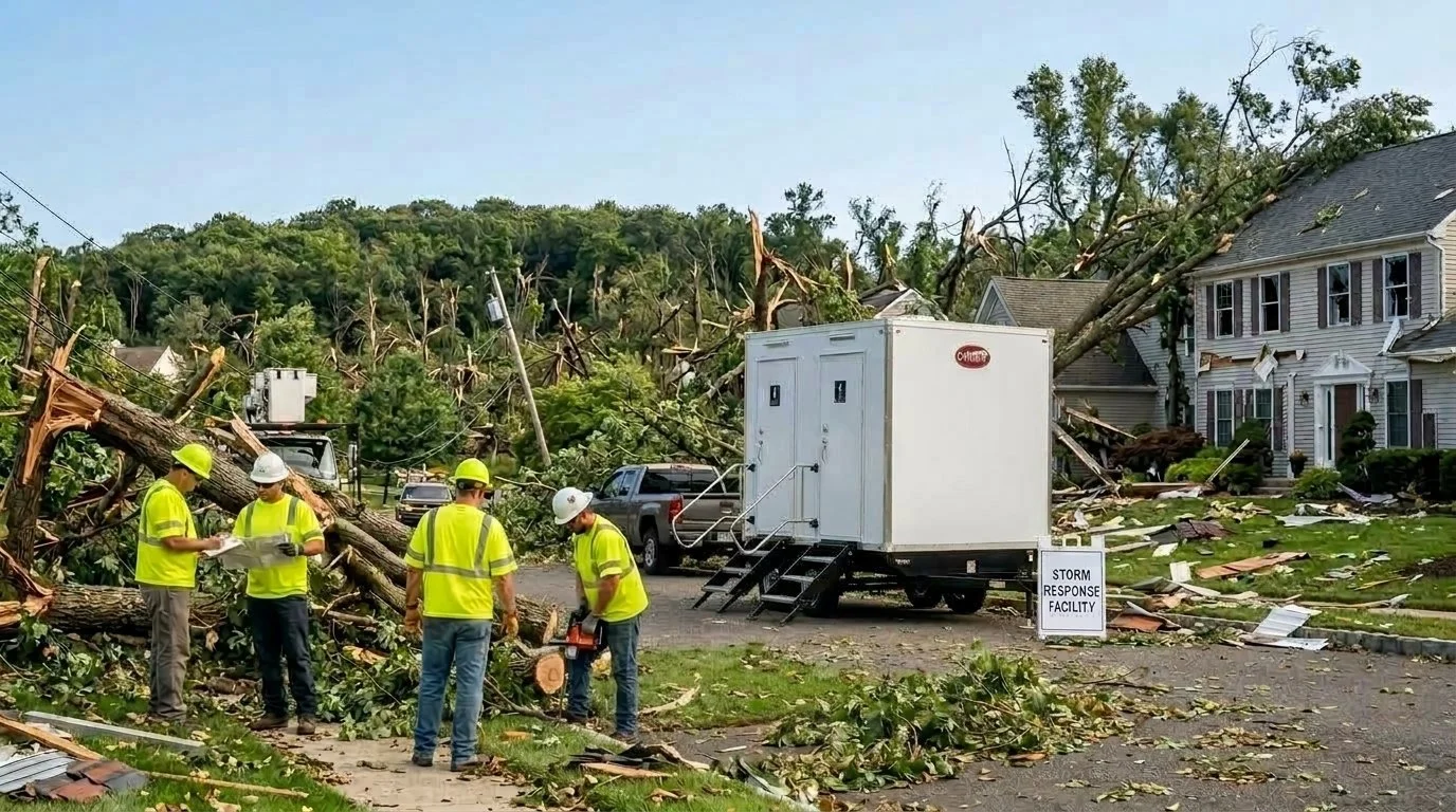 Emergency response team wearing yellow safety vests and helmets inspecting fallen trees and debris after a storm, with a sign that reads 'Storm Response Facility' visible in the scene.