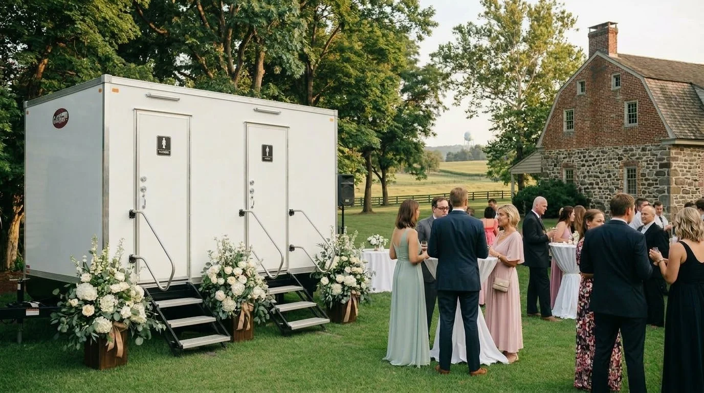 Outdoor social event with people gathered on the grass near a portable restroom trailer decorated with white floral arrangements. In the background, there is a stone house with a steep roof, trees, and a field.