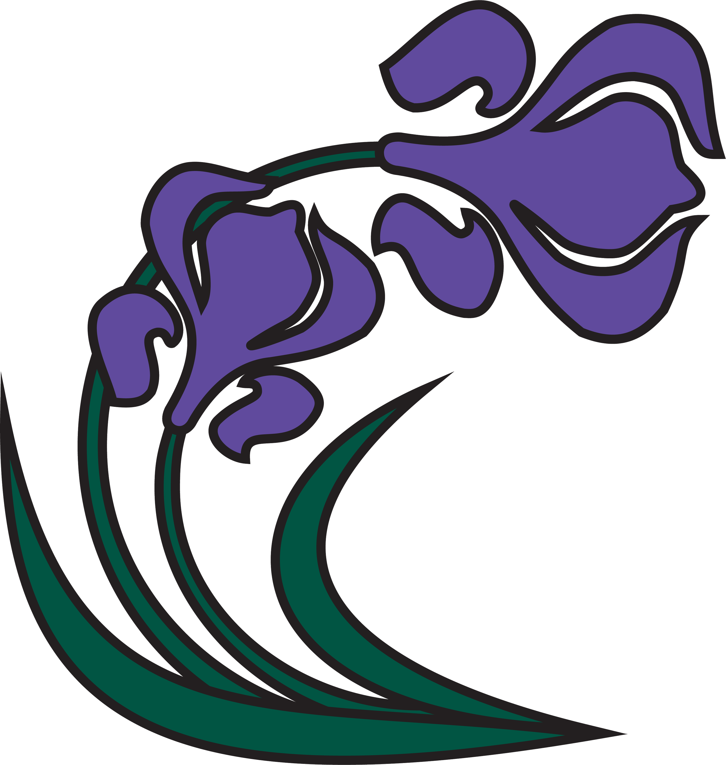 Stylized purple and green floral graphic with curling petals and leaves