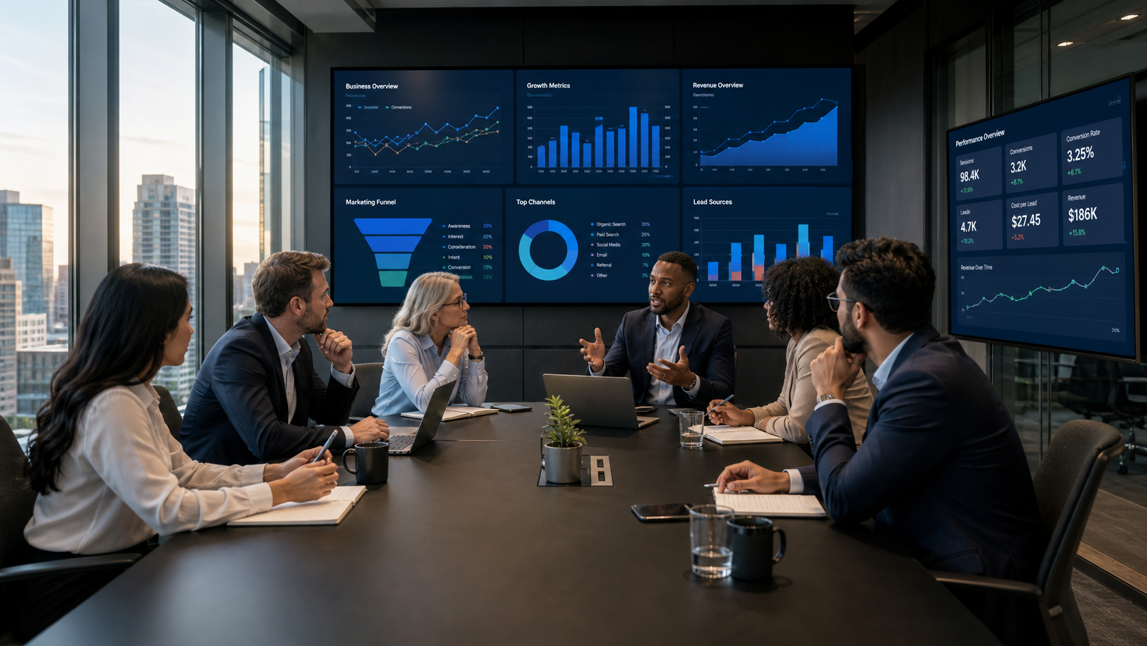 Business team reviewing marketing and data analytics dashboards during a strategy meeting.