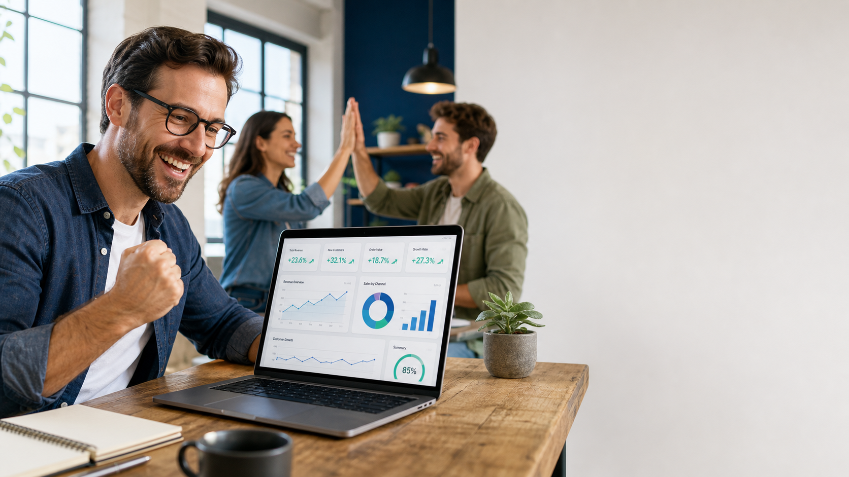 Local business owners celebrating growth after reviewing an analytics dashboard.