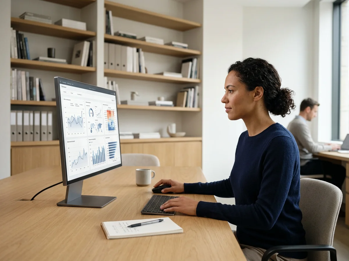 Woman working with data analytics dashboards in an office.