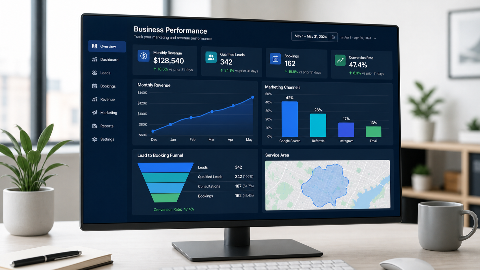 Business performance dashboard showing revenue, leads, bookings, marketing channels, and service-area data.