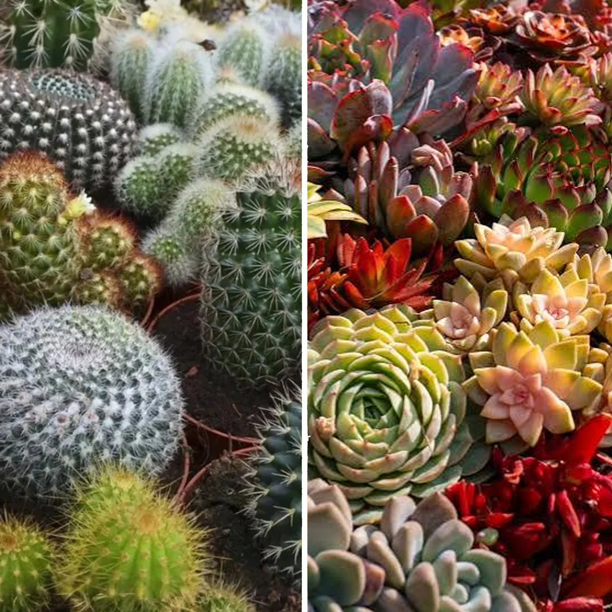Close-up of various cacti and succulents, showing different shapes, sizes, and colors, some with spines, others with smooth surfaces, and vibrant flowers.