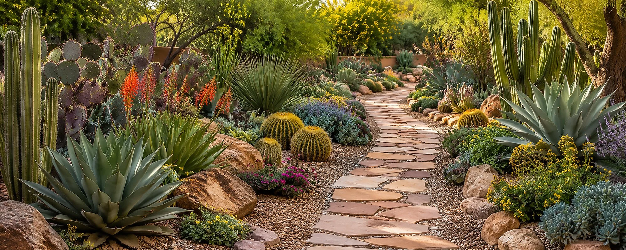 A desert garden with a stone pathway lined by various cacti and succulents, illuminated by sunlight.