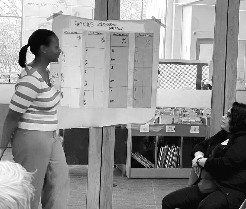 A woman presents data on a chart titled 'Families' in a room with large windows, while another person sits and listens attentively.