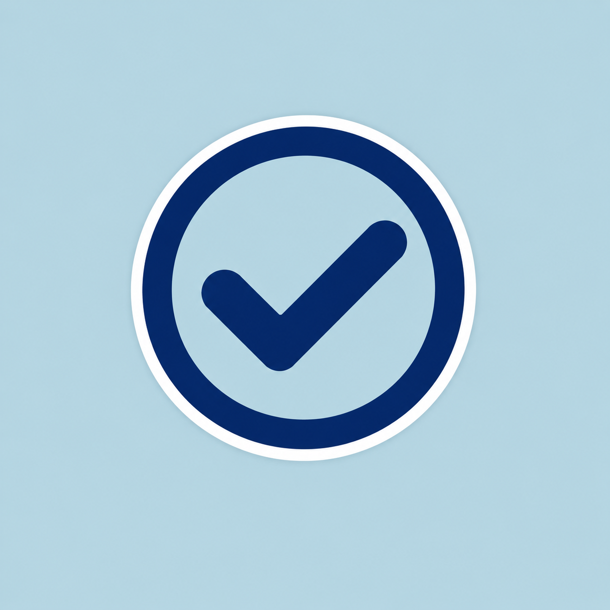 A blue circle with a white border containing a dark blue check mark on a light blue background.