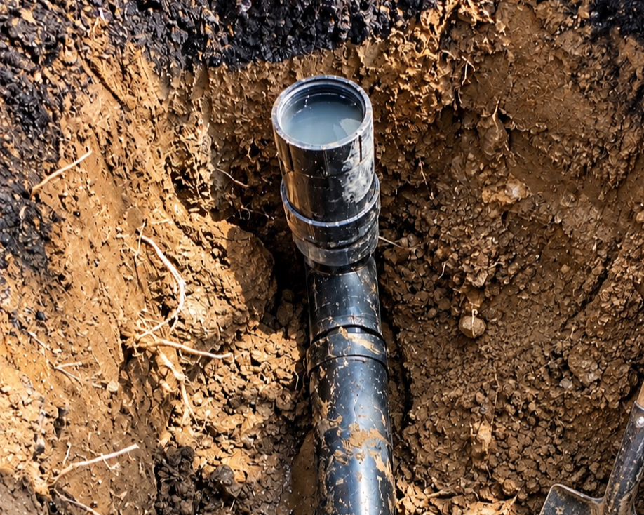 Black piping pipe system installed in a freshly dug trench in brown soil.