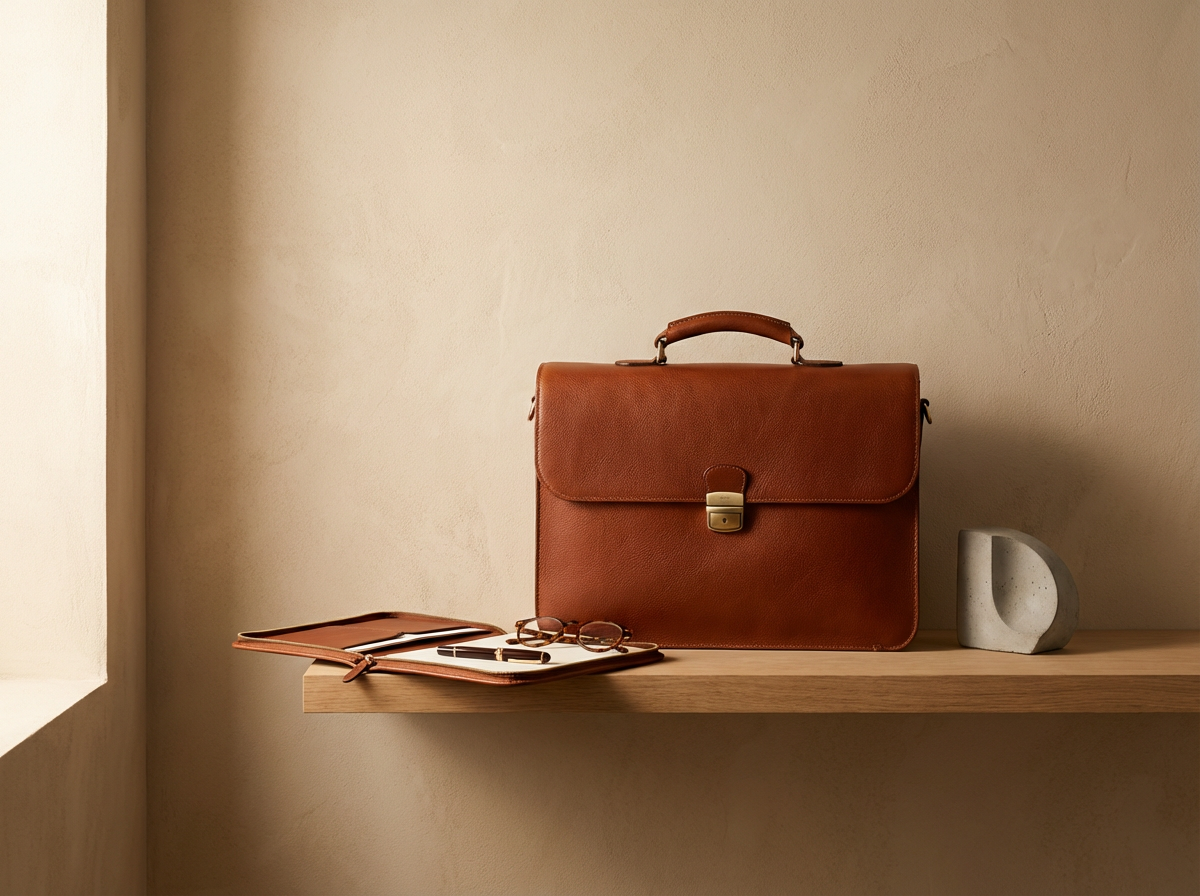A brown leather briefcase, a pair of glasses, and a smartphone in a brown case on a wooden shelf next to a small decorative concrete block shaped like a letter D against a beige wall.