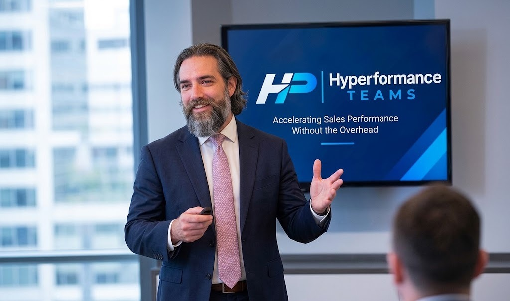 A man with a beard in a business suit giving a presentation in a conference room with a large screen displaying the Hyperformance Teams logo and slogan.
