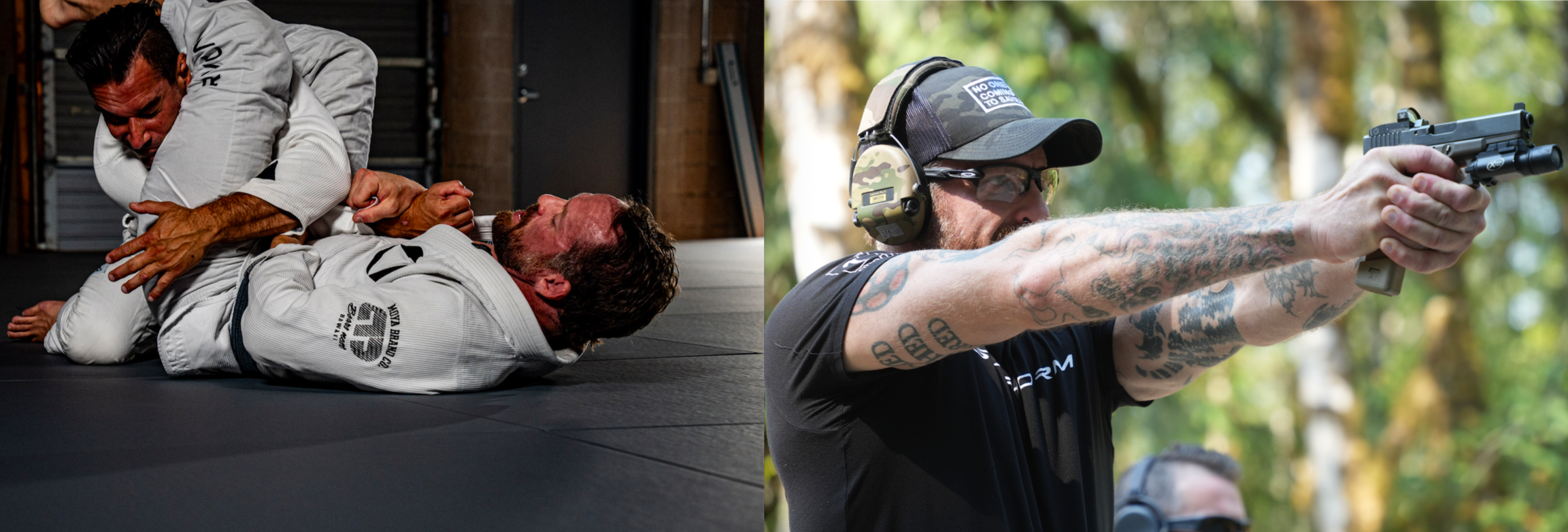 Left side: Two men in Brazilian Jiu-Jitsu gi grappling on the mat indoors; one man is on his back, the other men is on top, attempting a choke. Right side: A man outdoors aiming a pistol, wearing a black t-shirt, camouflage cap, glasses, and hearing protection, with tattoos on his arms.