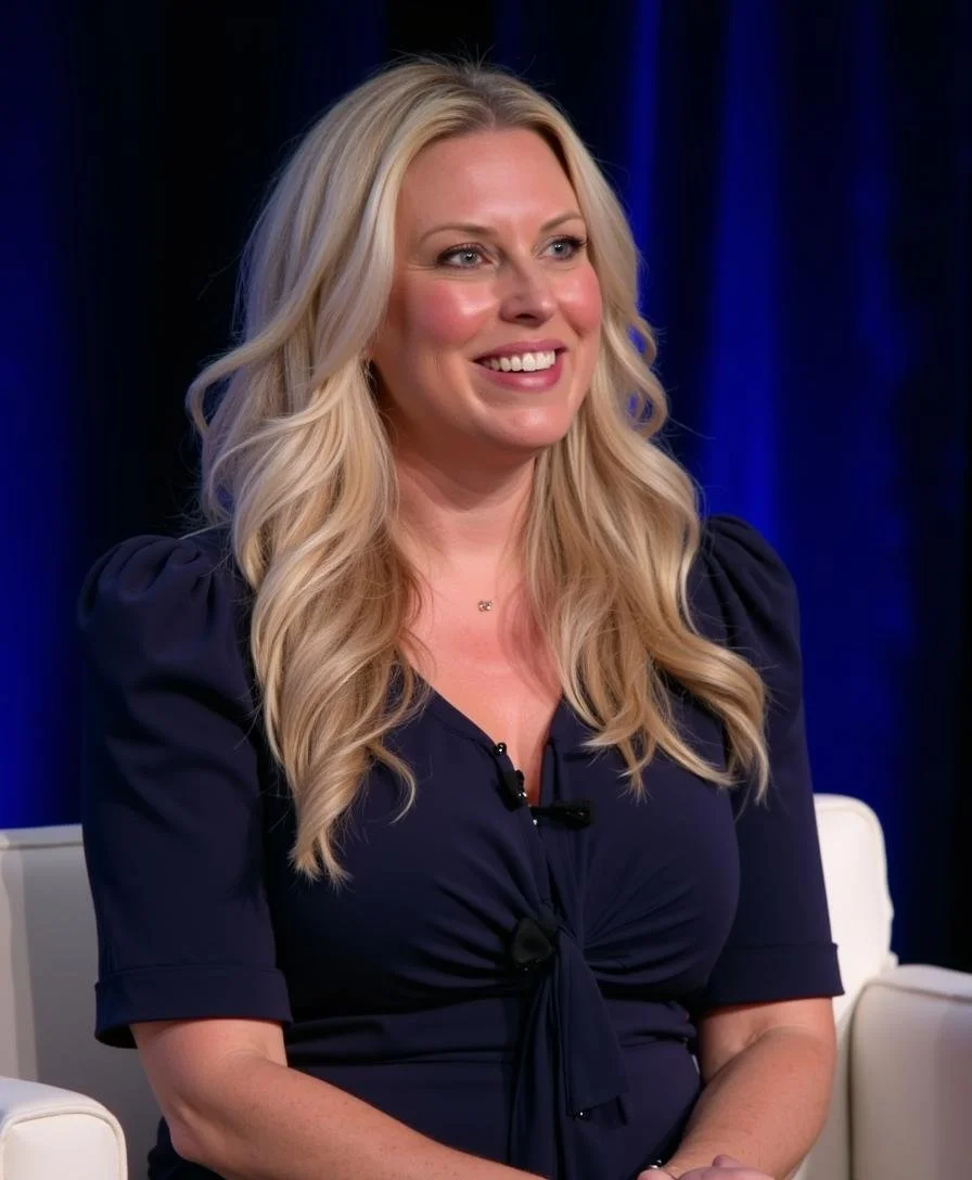 Kristen Cronin speaking on stage in front of a dark blue backdrop