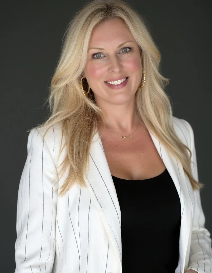 Kristen Cronin, executive coach, in a white pinstripe blazer, smiling